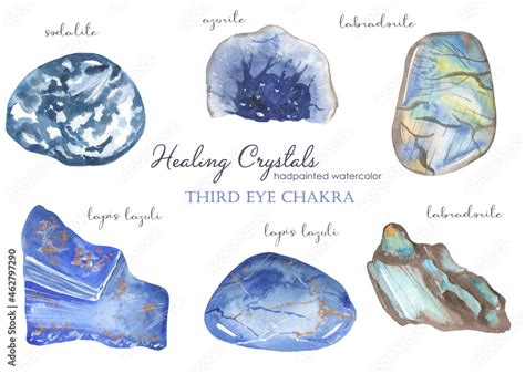 Watercolor set of healing crystals of the third eye chakra sodalite ...