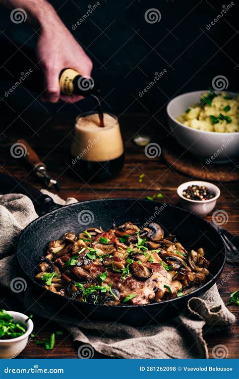 Fried Pork Neck Steak with Different Mushrooms Stock Photo - Image of ...