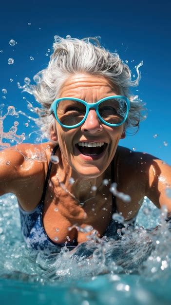 Premium Photo | Mature woman swimming goggles blue water focused ...