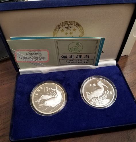 1988 China Wildlife Dolphin And Ibis 10 Yuan Sterling Silver Proof ...