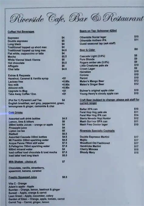 Menu at Riverside Cafe, Perth, Eastern Pavilion