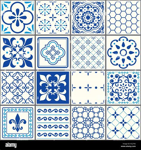 Portuguese tiles pattern, Lisbon seamless navy blue tiles, Azulejos vintage geometric ceramic ...