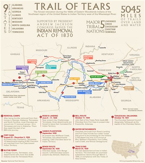 Map showing the Trail of Tears, the forced relocation of several native ...