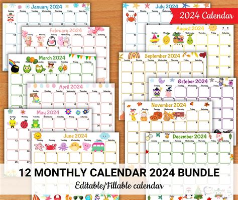 EDITABLE 2024 Calendars Cute Monthly Calendar for Kids - Etsy Australia