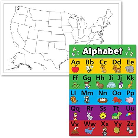 2 Pack - Blank USA Map Outline Poster + ABC Alphabet Chart for Kids [Animal] (LAMINATED, 18" x ...