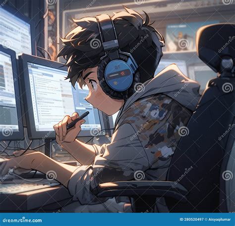 Image of a Boy Working Diligently on the Computer and Wearing Headphones. Stock Illustration ...