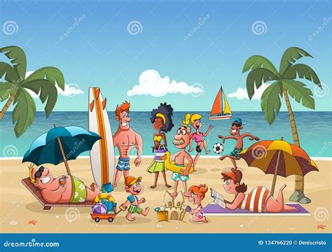 Group of Cartoon People on Beautiful Beach. Stock Vector - Illustration of coastline, soccer ...