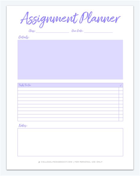 Printable Homework Planner Template for College Students