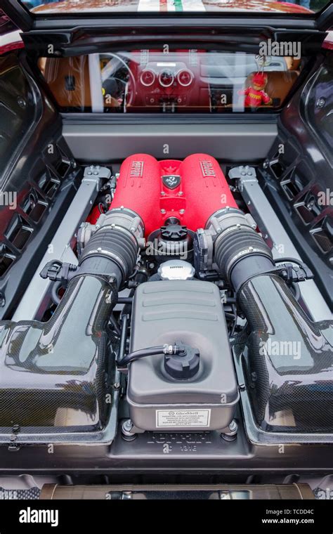 Los Angeles, JUN 2: Close up shot of a beautiful Ferrari engine on JUN ...