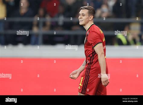 Belgium's Leandro Trossard celebrates after scoring during a friendly ...