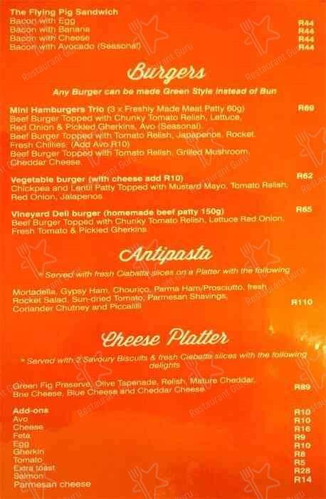 Menu at The Vineyard Deli restaurant, Cape Town, Corner of Tygerbergvalley Road and Mildred Road ...