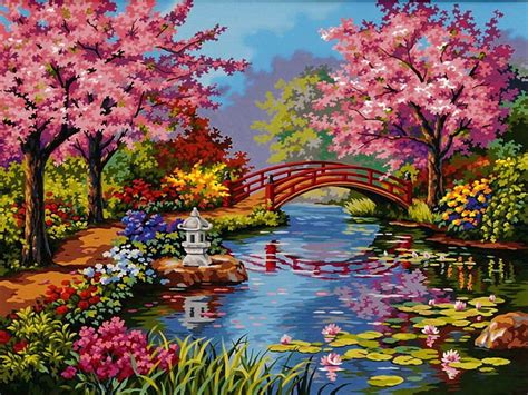 Japanese garden, colorful, bonito, calm, bridge, painting, flowers, art ...