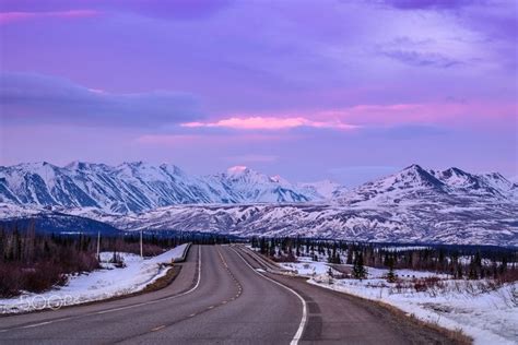 Denali National Park Highway landscape view of the road during sunset ...