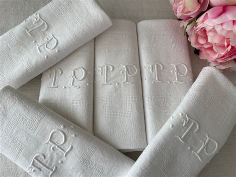 Six Vintage French Damask Napkins Serviettes, Monogram T P, 20 X 23 Inches 52 X 60 Cms Linen ...