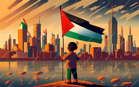 Premium AI Image | Palestine Kid Hodling Palestine Flag in front of Buildings