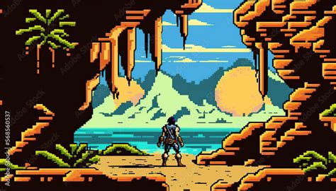 Adventure game screen, Retro computer games level. Pixel art video game ...