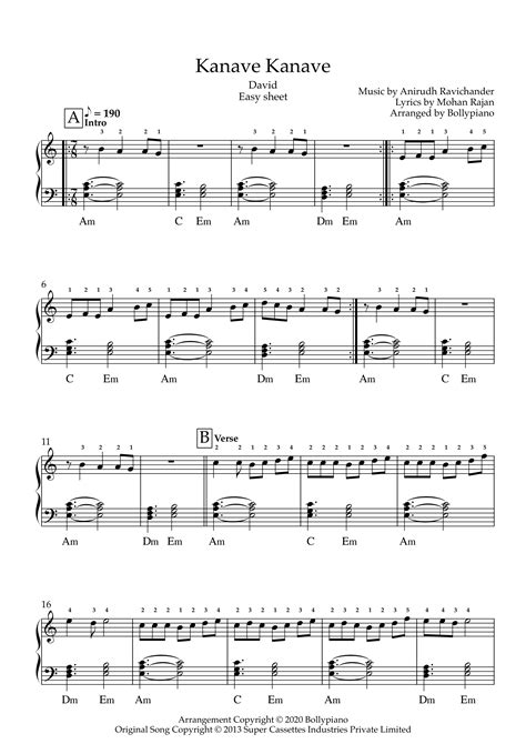 Kanave Kanave Easy Solo Sheet PDF | David | >99% Accurate Piano Notes