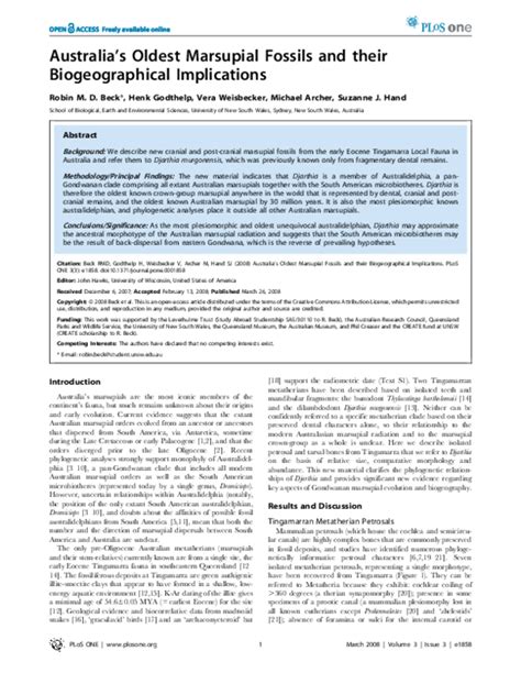 (PDF) Australia's Oldest Marsupial Fossils and their Biogeographical Implications | Robin Beck ...