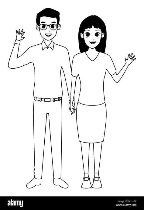 Young adult couple greeting cartoon in black and white Stock Vector Image & Art - Alamy