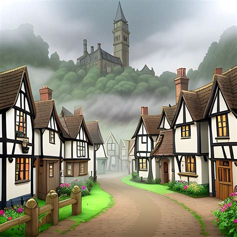 Foggy British village in the style of the professor Layton games ...