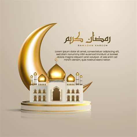 Realistic Islamic Ramadan greetings with Arabic calligraphy, golden crescent, and mosque on the ...