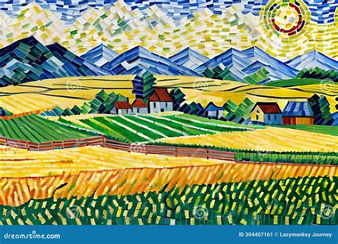 Rural Scenery Wallpaper in Cubism Painting, Farming Mosaic Tiles Art Stock Illustration ...