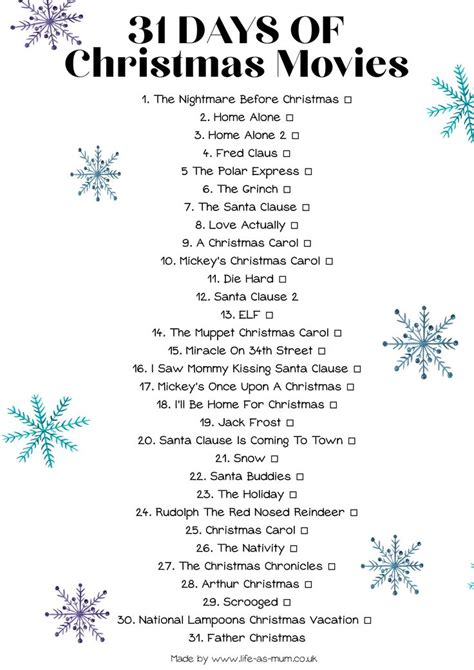 the 31 days of christmas movies list with snowflakes on white paper and ...