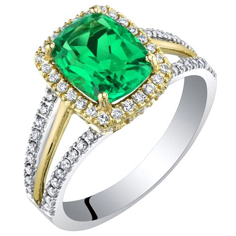 Oravo - 2.44 ct Cushion Cut Green Created Emerald Halo Ring with Lab Grown Diamonds in 14K Two ...