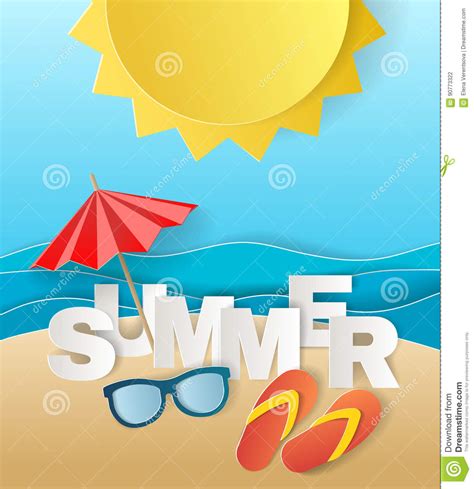 Illustration Concept of Summer Holiday, Flipflops on Sandy Beach, Solar Umbrella, Camera and Sea ...