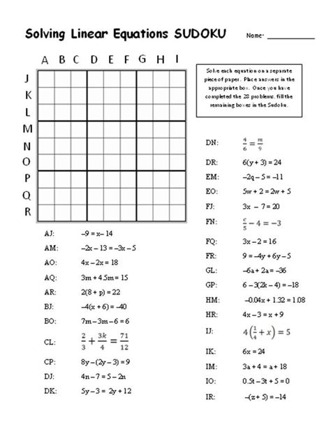 Linear equations sudoku | Math school, Solving linear equations ...