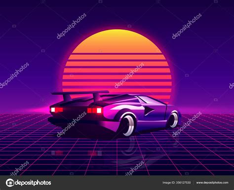 Retro futuristic back side view 80s supercar on trendy synthwave ...