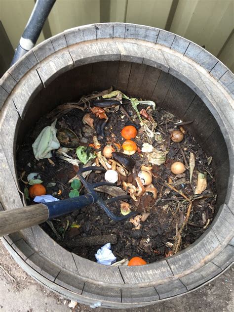 a wooden barrel filled with dirt and other garbage next to a metal container full of oranges