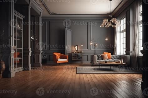 Vintage modern interior of living room empty room dark gray wall and wood flooring 3d rendering ...