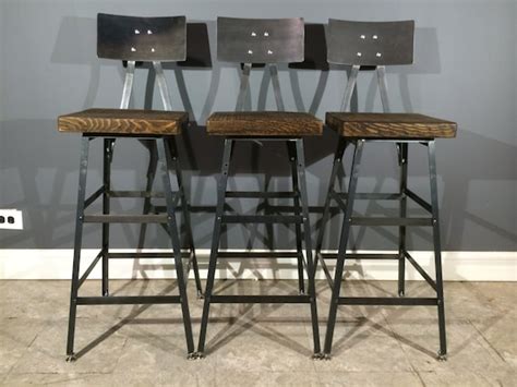 Set of 3 Rustic Bar Stools W/ Steel Backs by UrbanWoodFurnishings