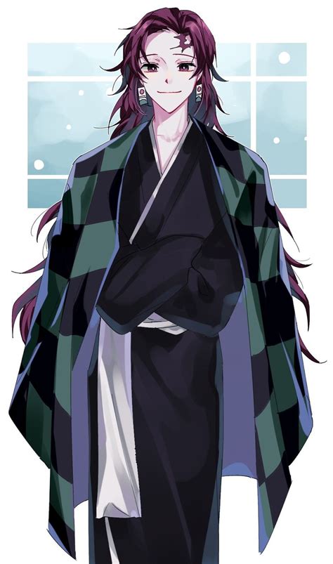 an anime character with long red hair wearing a black and green checkered coat, standing in ...