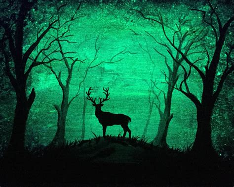 Glow in the dark Art Deer Forest Original painting 2 in 1 Deer Buck woods hunting fantasy art ...