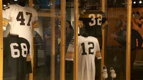 Vintage game-worn Steelers jerseys on display