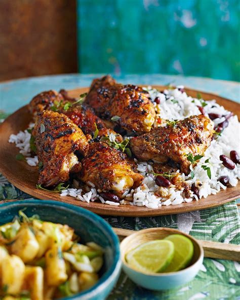 Jerk chicken with coconut rice and peas and pineapple salsa recipe ...