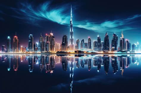 Dubai Skyline at Night, United Arab Emirates. Dubai is the Fastest Growing City in the World ...