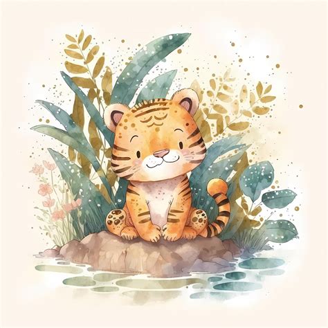 Premium Photo | Cute baby tiger illustration on watercolor painting