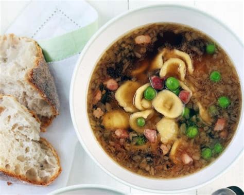 Chicken Soup With Orecchiette, Pancetta And Peas Recipe