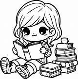 A Cute Girl Reading Book Coloring Page Line Art Vector 36355853  sketch template
