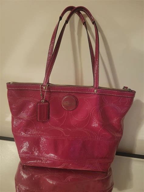 Coach Pink Signature Patent Leather Purse Hand Bag To… - Gem