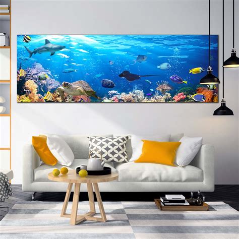 Underwater Scene Canvas Wall Art, Blue Exotic Underwater Canvas Print, – Swallart