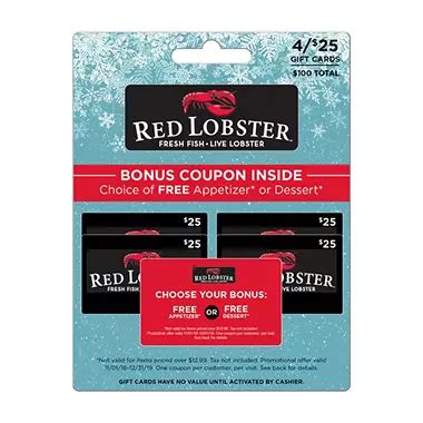 Red Lobster $100 Value Gift Cards - 4 x $25 Plus Free Appetizer - Sam's Club