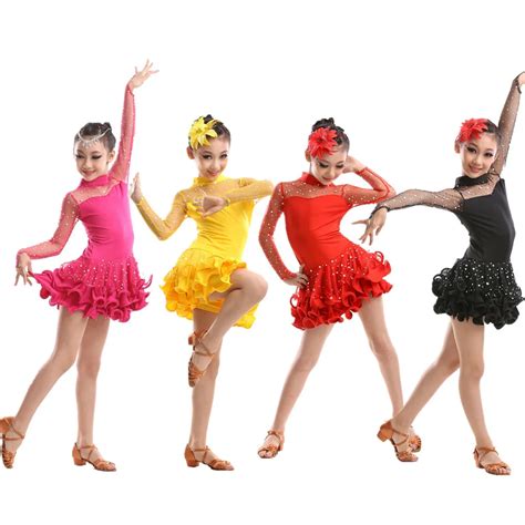 3 15Y Children Latin Dance Dress 4 Colors Tutu Ballroom Dancing Standard Competition Latin Dress ...