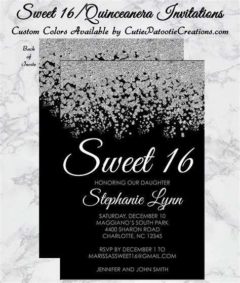 Black and Silver Sweet 16 Invitations - Quinceanera Invitation