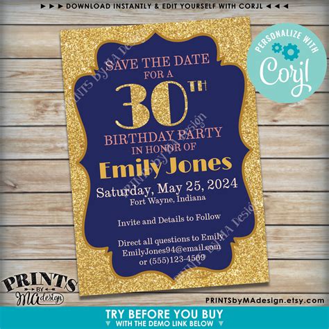 Gold Glitter Birthday Party Save the Date, Surprise or Standard Invite, Custom PRINTABLE 5x7 ...