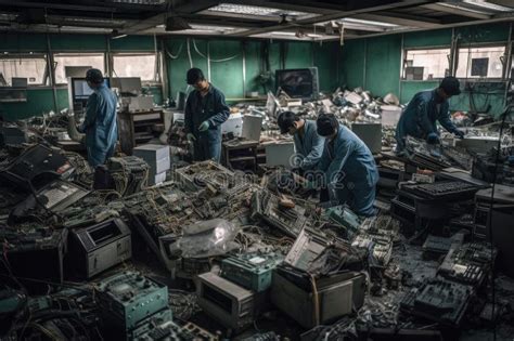 E-waste Recycling Facility, with Workers Sorting and Dismantling ...