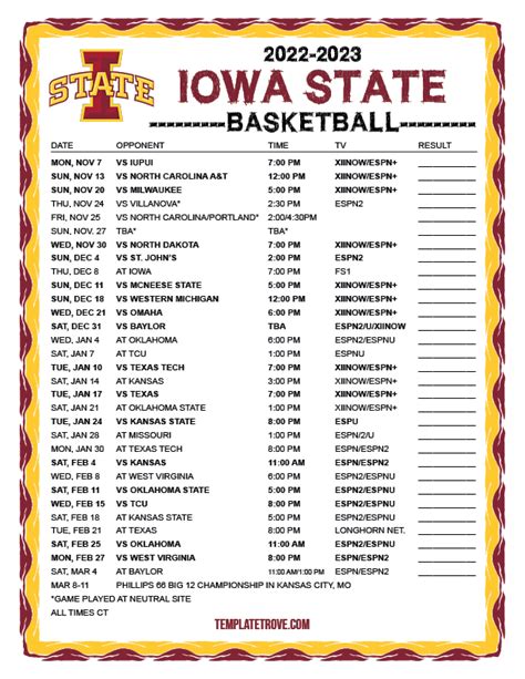 Printable 2022-2023 Iowa State Cyclones Basketball Schedule